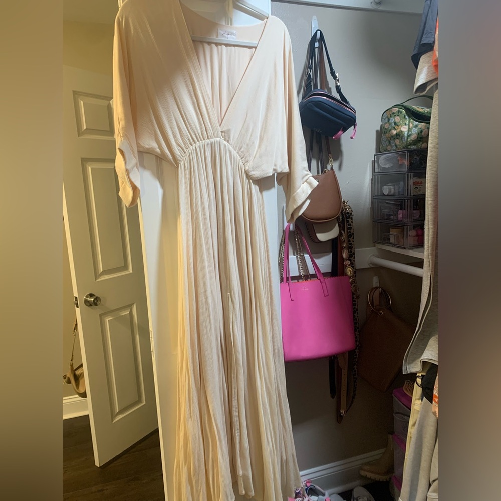 Cream Deep V Maxi Dress with front slit